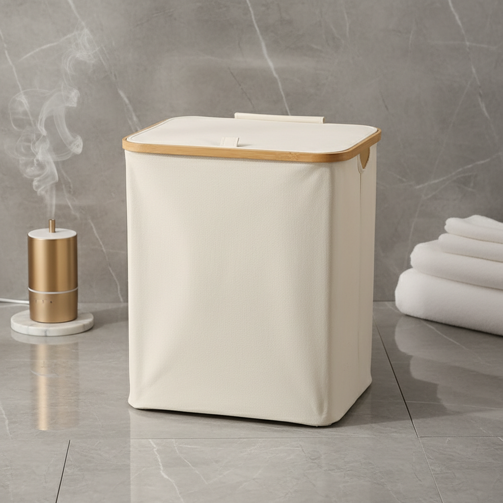 Scandi Foldable Laundry Basket with Bamboo Rim - Open Top & Lidded Options