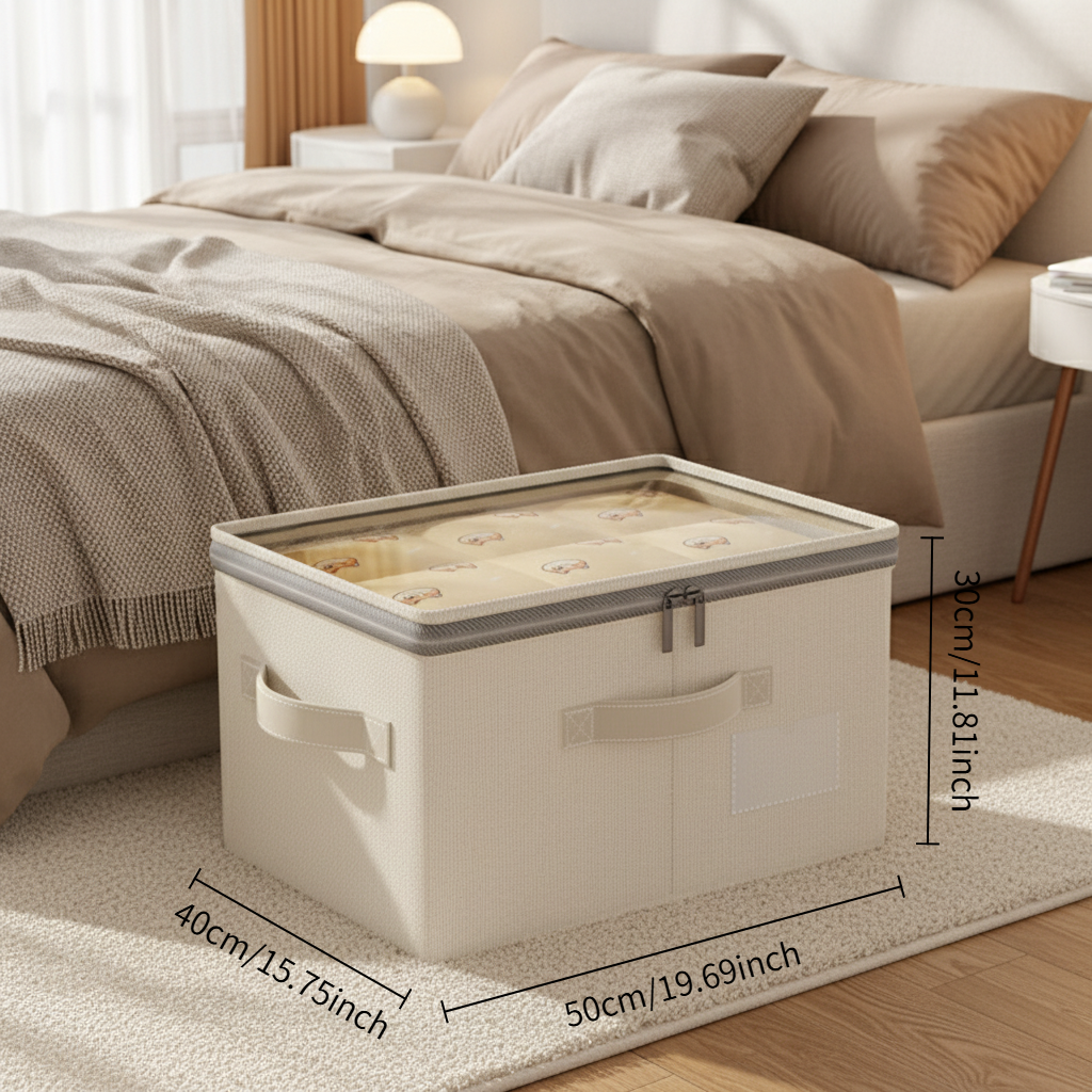 Foldable Cotton Linen Storage Box with Clear Zipper Lid
