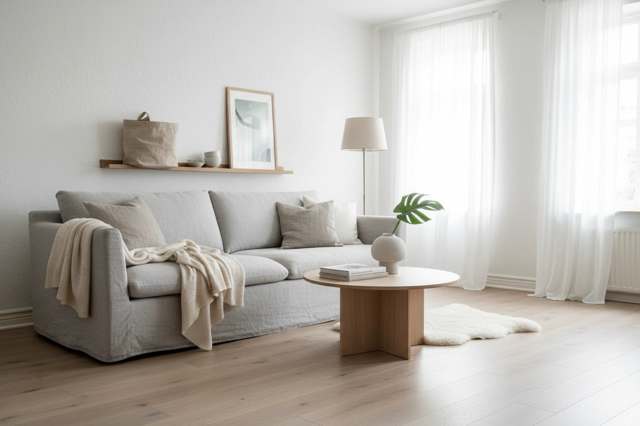 Nordic living room with linen storage basket - Pure Hampers