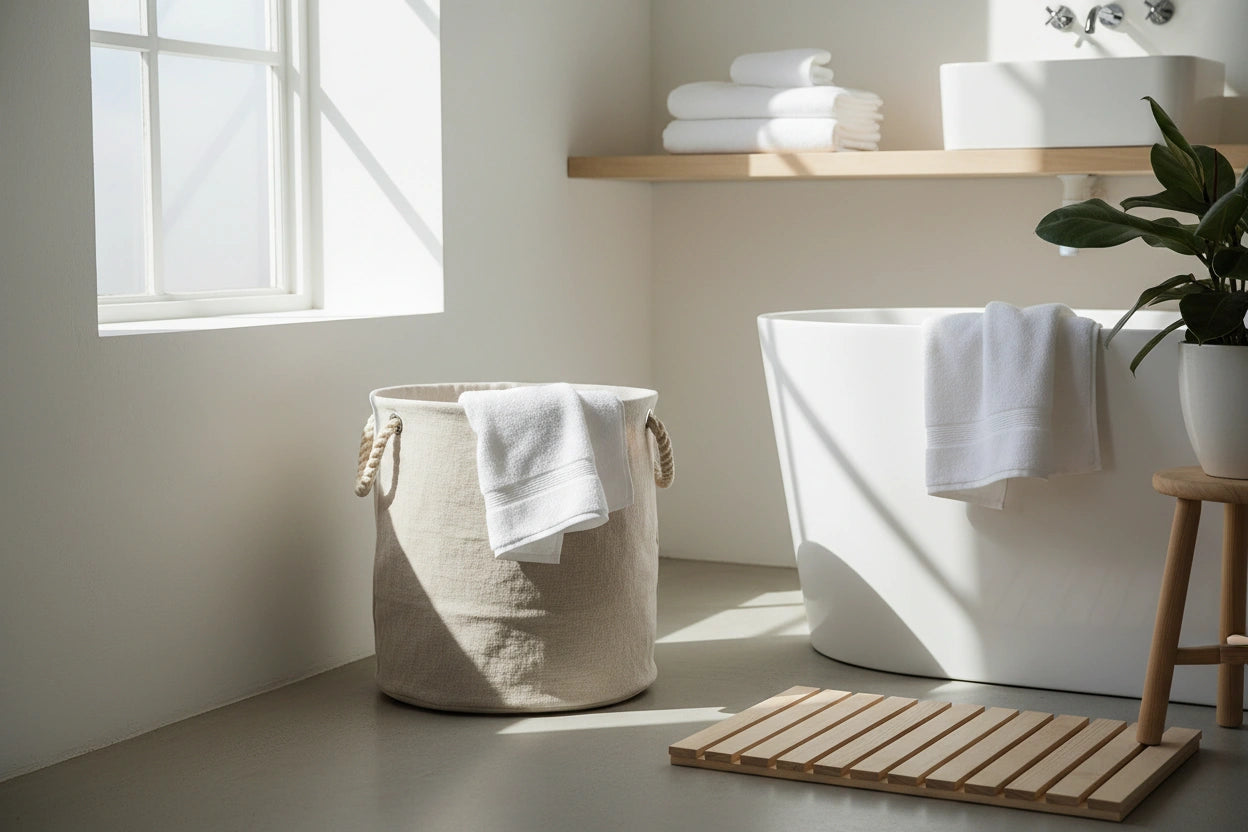 Minimalist bathroom with fabric laundry hamper - Pure Hampers