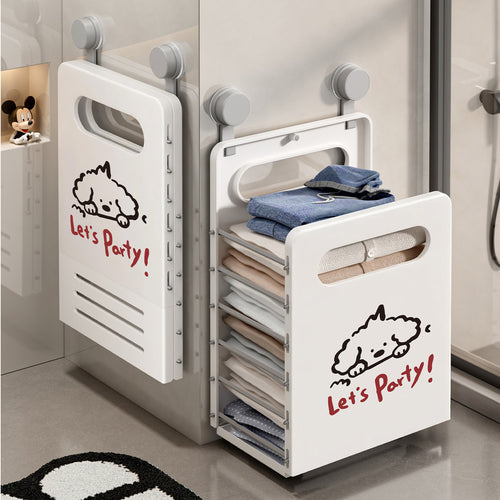 Side-by-side comparison of wall-mounted foldable storage organizer in closed and open positions, showing multi-layer shelves filled with neatly folded towels and clothes, mounted with suction cups, featuring a cute dog 'Let's Party!' print design.