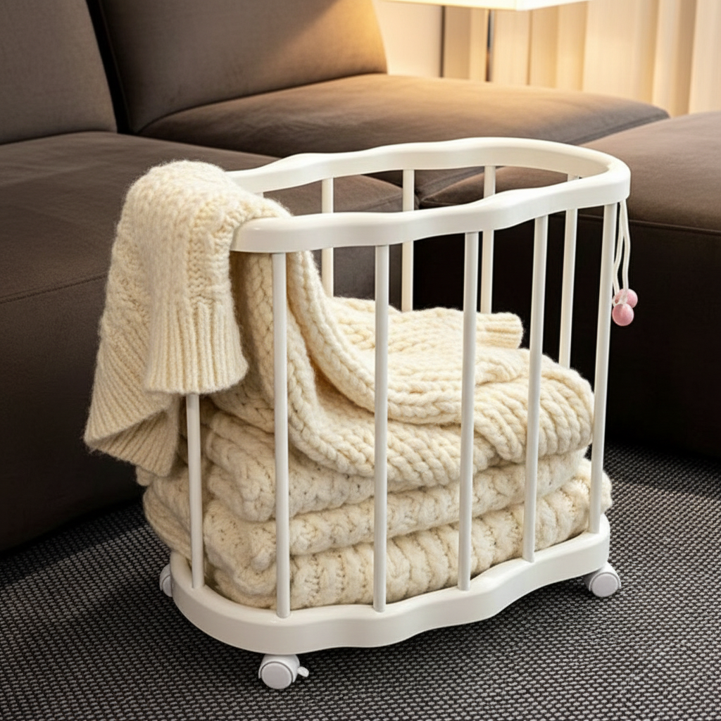 White cloud-shaped storage basket on wheels, filled with folded cream knit blankets, placed beside a dark sofa in a cozy living room