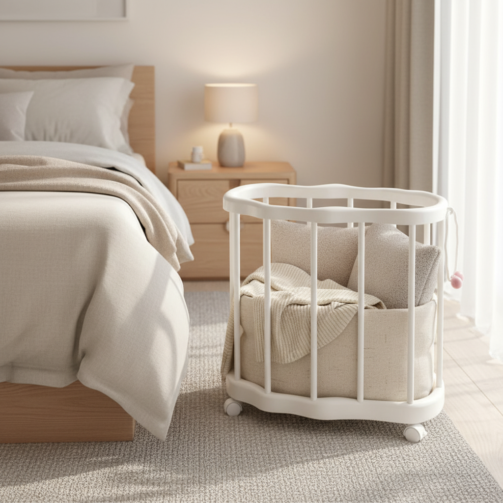 White cloud-shaped laundry basket with spindles and caster wheels, styled in a cozy neutral bedroom.