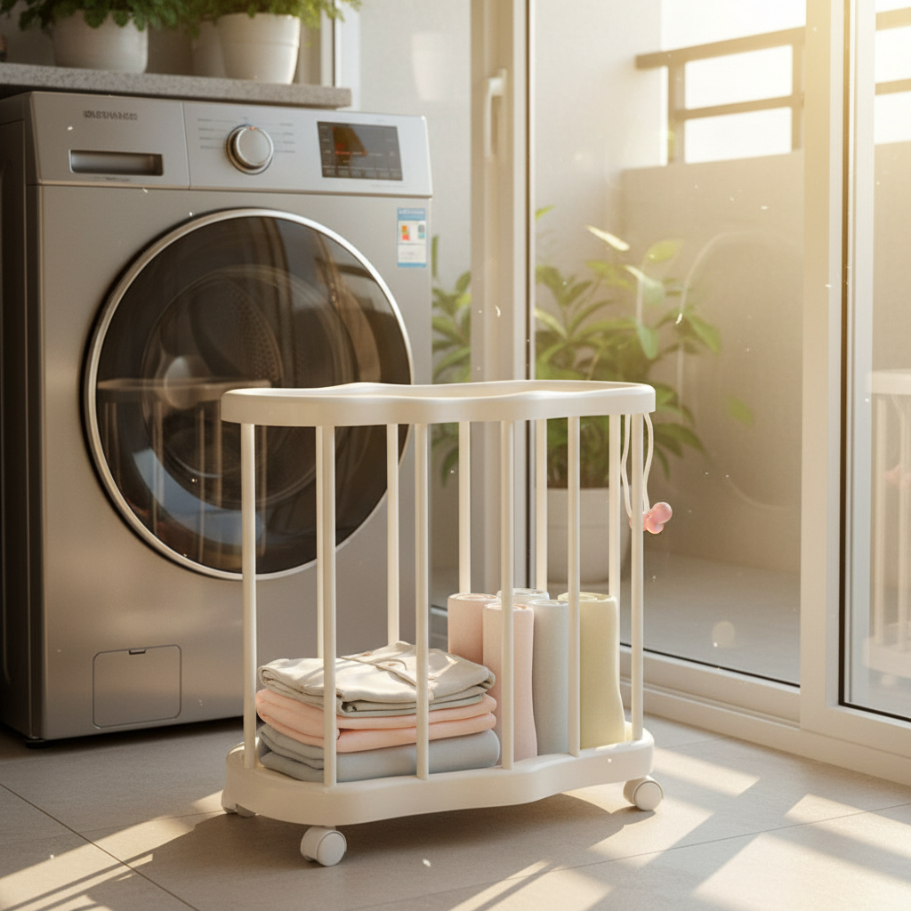 A white rolling storage cart, containing folded towels and toiletries, is placed in the bright laundry room.