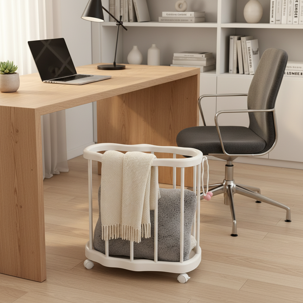 White cloud-shaped storage basket on wheels holding blankets, placed beside a desk in a modern home office