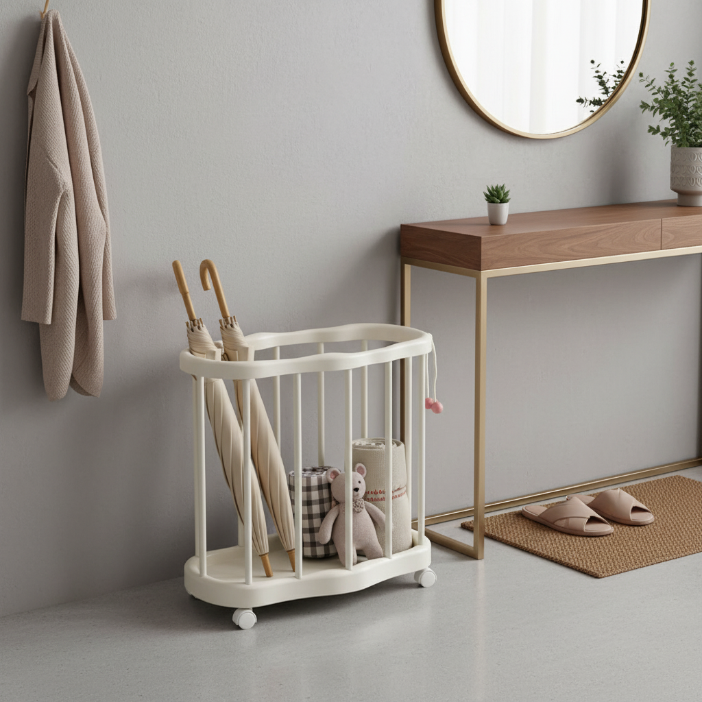 White cloud-shaped storage rack on wheels with umbrellas and small items, styled in a modern entryway