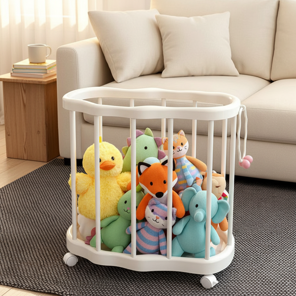 White cloud-shaped toy storage basket on wheels, filled with colorful stuffed animals, placed beside a sofa in a living room
