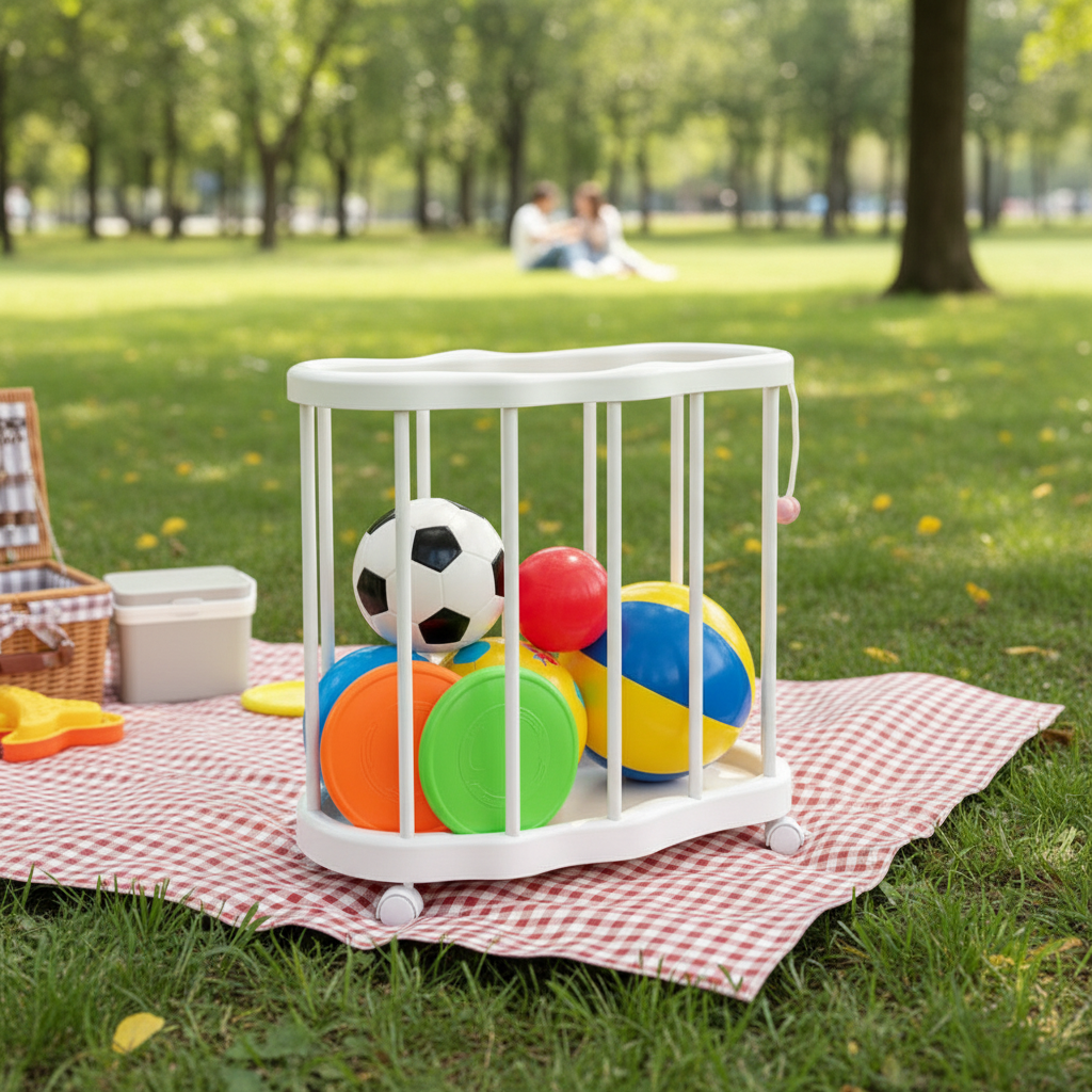 White cloud-shaped ball storage rack on wheels with colorful balls, displayed in a sunny park