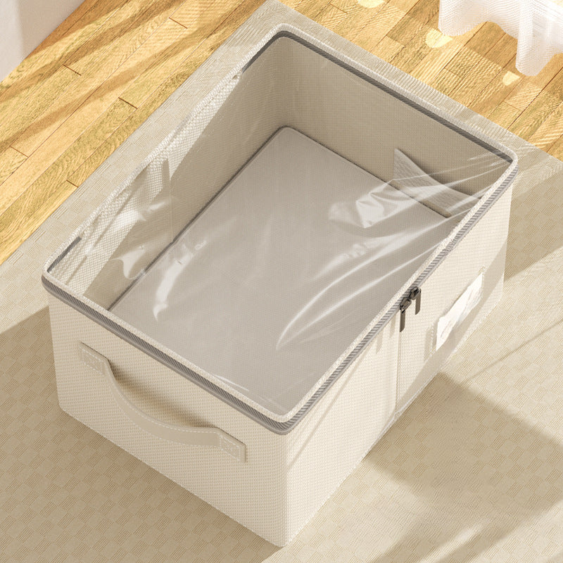 Empty cream linen-cotton storage box with open clear zip lid, viewed from above.