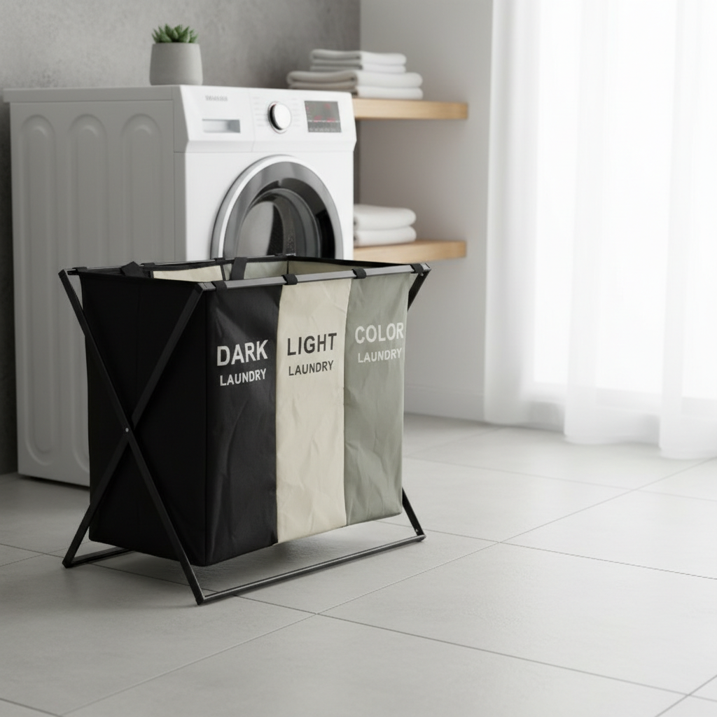 3-Compartment Laundry Sorter Basket - Closet & Bathroom Organizer