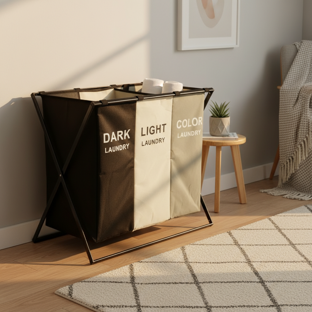 3-Compartment Laundry Sorter Basket - Closet & Bathroom Organizer