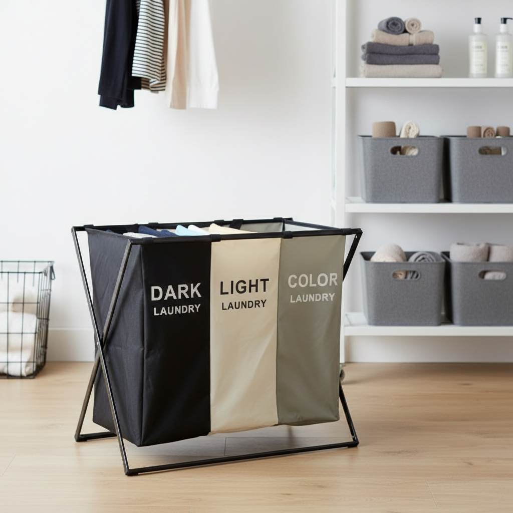 3-Compartment Laundry Sorter Basket - Closet & Bathroom Organizer