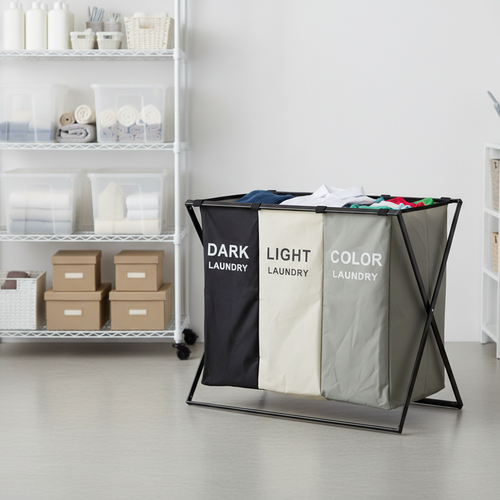 Space-saving 3-compartment laundry basket - ultimate closet and bathroom organizer