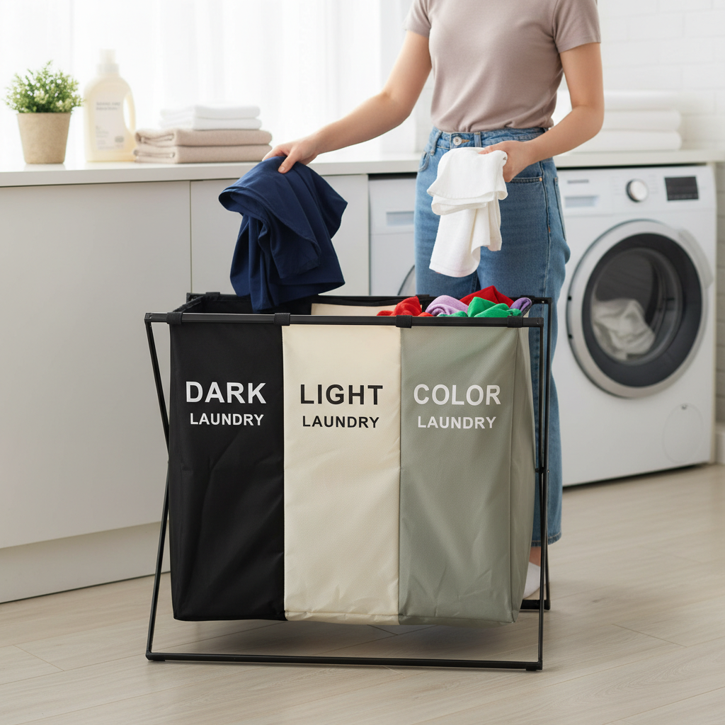 Triple compartment laundry hamper - space saving home organization solution