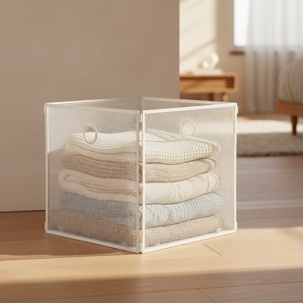White foldable metal mesh storage basket cube filled with folded knit sweaters, placed on a light wood floor in a bright, minimalist room
