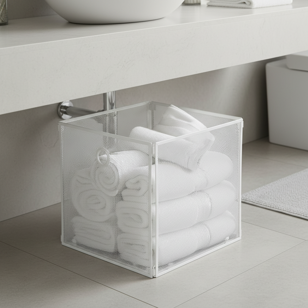 White foldable metal mesh storage basket cube filled with rolled white towels, placed under a bathroom vanity on a light tile floor