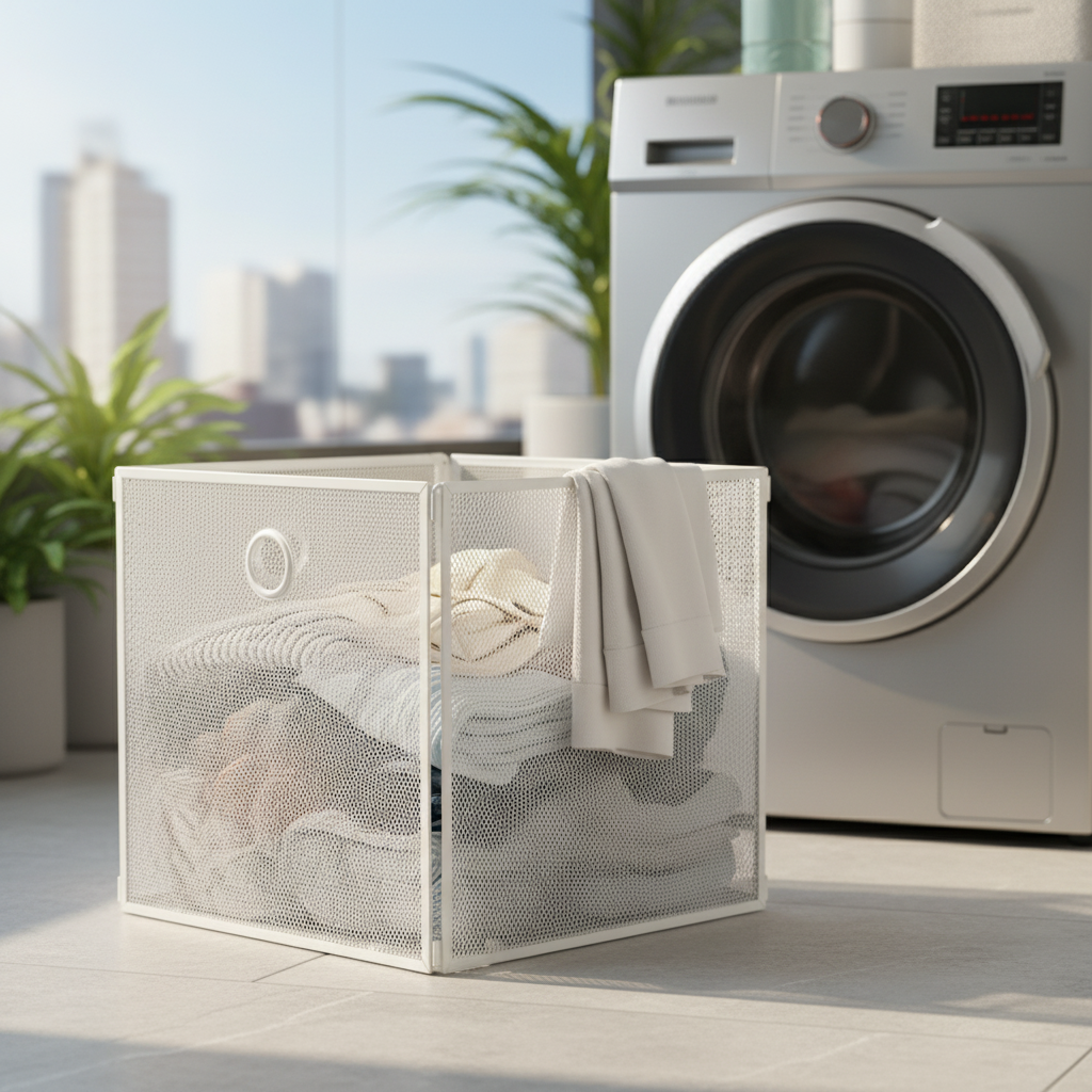 White foldable metal mesh laundry basket cube filled with clothes, placed in front of a front-load washing machine in a bright modern laundry room with city views