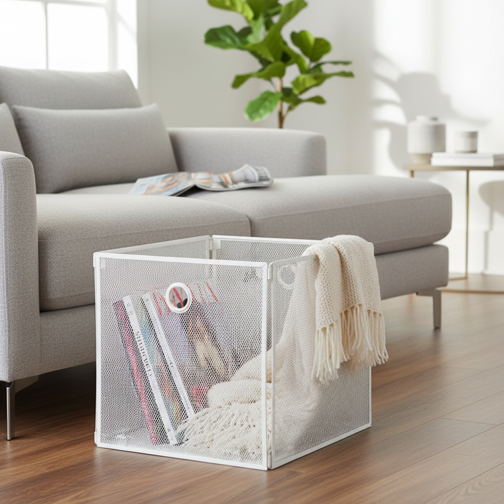 White foldable metal mesh storage basket cube holding magazines and a knit throw blanket, placed on a wood floor beside a modern gray sectional sofa in a bright living room