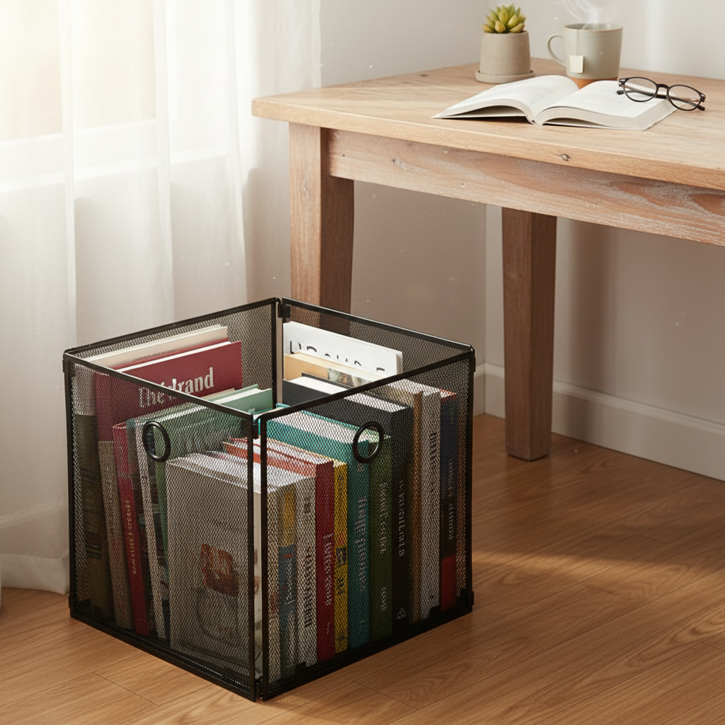 Black foldable metal mesh storage basket cube filled with books and magazines, placed on a wood floor beside a light oak desk in a cozy reading nook