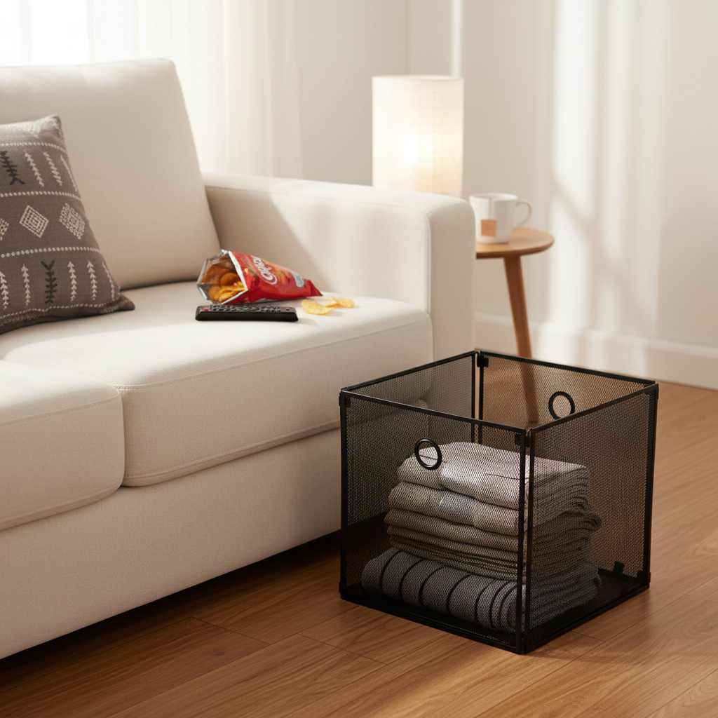 Black foldable metal mesh storage basket cube holding folded blankets, placed on a wood floor next to a cream sofa in a warm, cozy living room