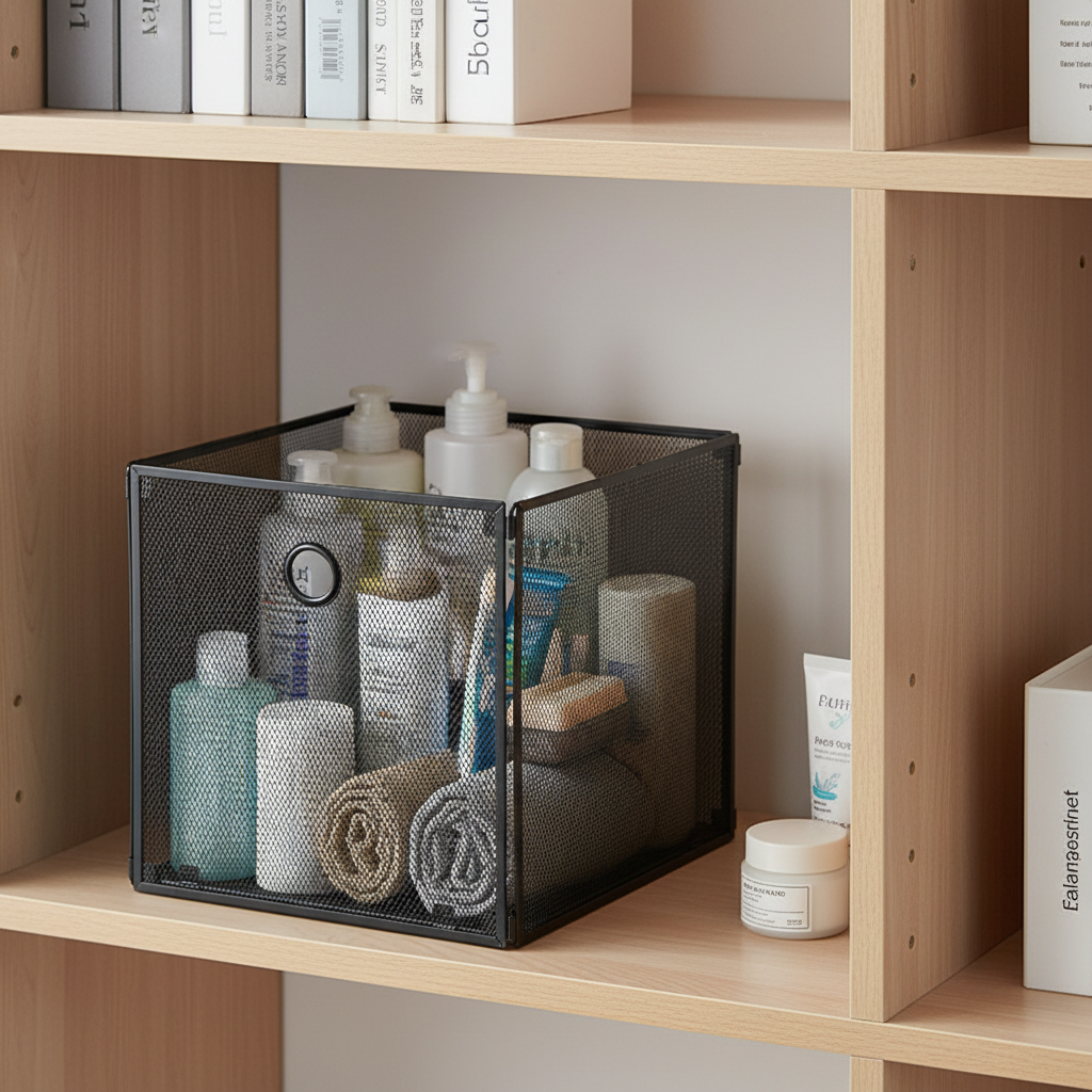 Black foldable metal mesh storage basket cube filled with skincare bottles, toiletries, and rolled towels, placed on a shelf of a light oak cube bookcase