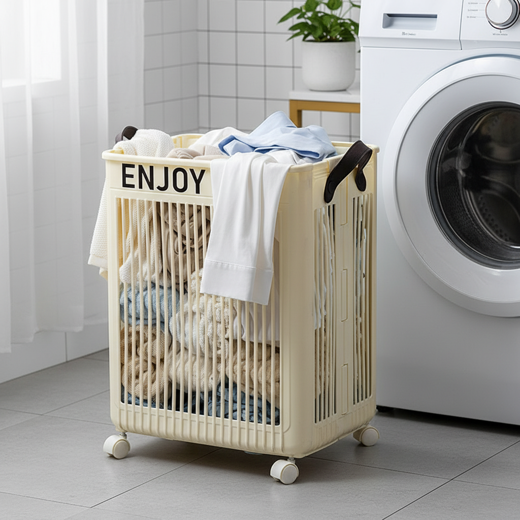 Cream white foldable rolling laundry hamper overflowing with clothes, placed next to a front-load washing machine in a bright white tiled laundry room with a potted plant