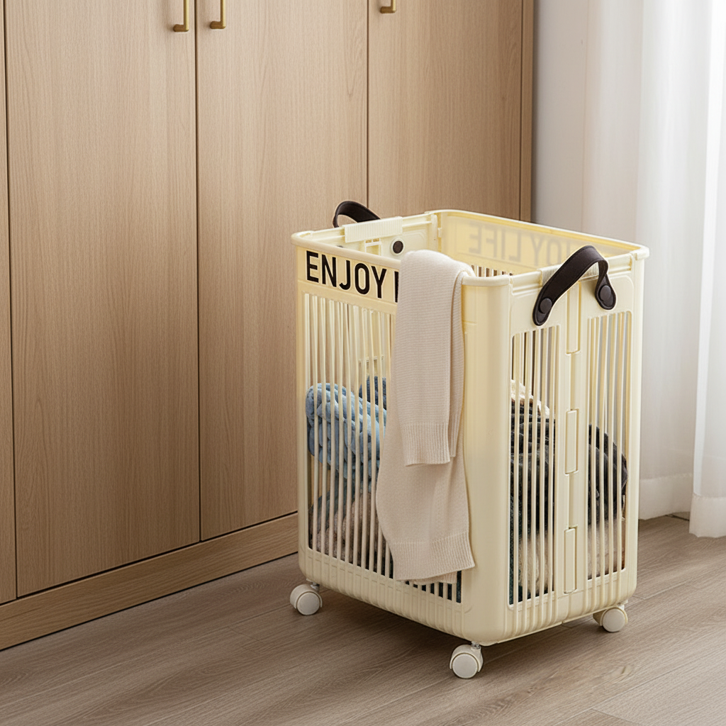 Cream white foldable rolling laundry hamper with leather handles and clothes draped over the side, placed on a wood floor in front of a light oak wardrobe with gold handles