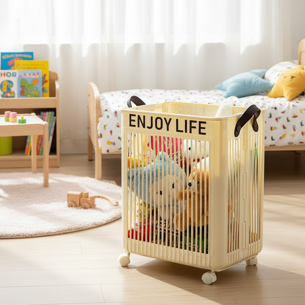 Cream white foldable rolling storage hamper filled with colorful stuffed animals and toys, placed on a wood floor in a bright children's bedroom with a bookshelf and round rug