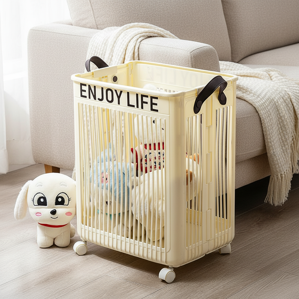 Cream white foldable rolling storage hamper filled with toys, placed beside a light gray sofa with a knit throw blanket and a white dog stuffed animal on a wood floor