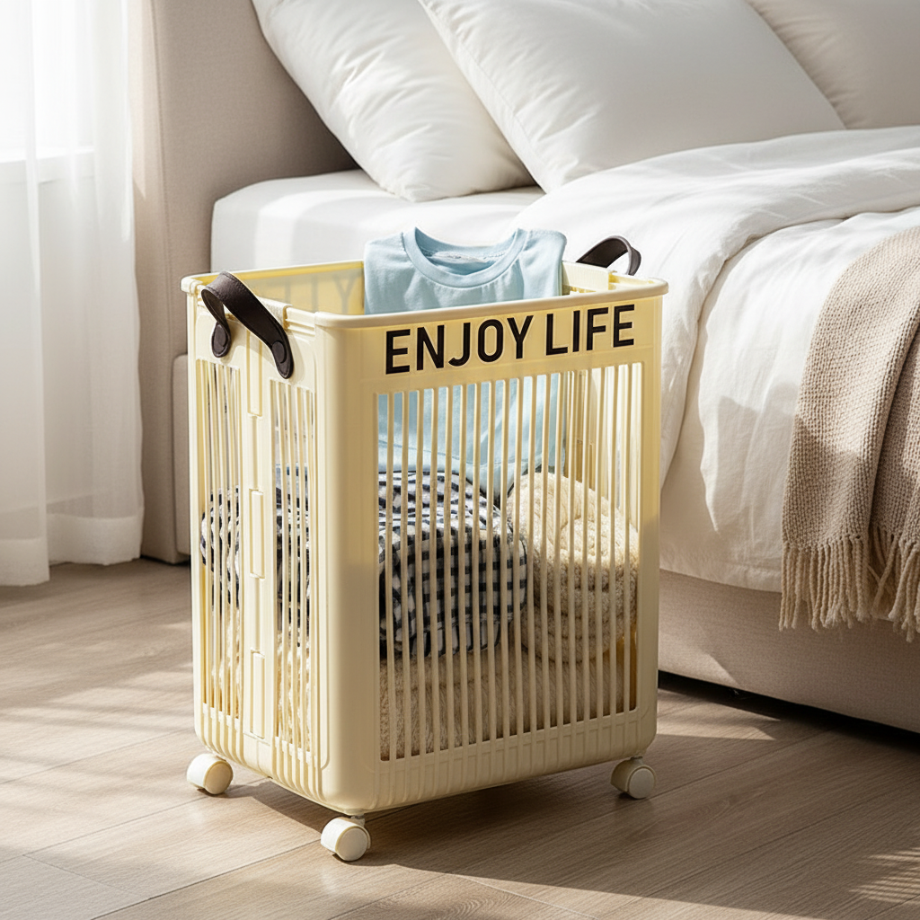 Cream white foldable rolling laundry hamper with leather handles and "Enjoy Life" slogan, filled with clothes, placed on a wood floor beside a white bed in a bright bedroom