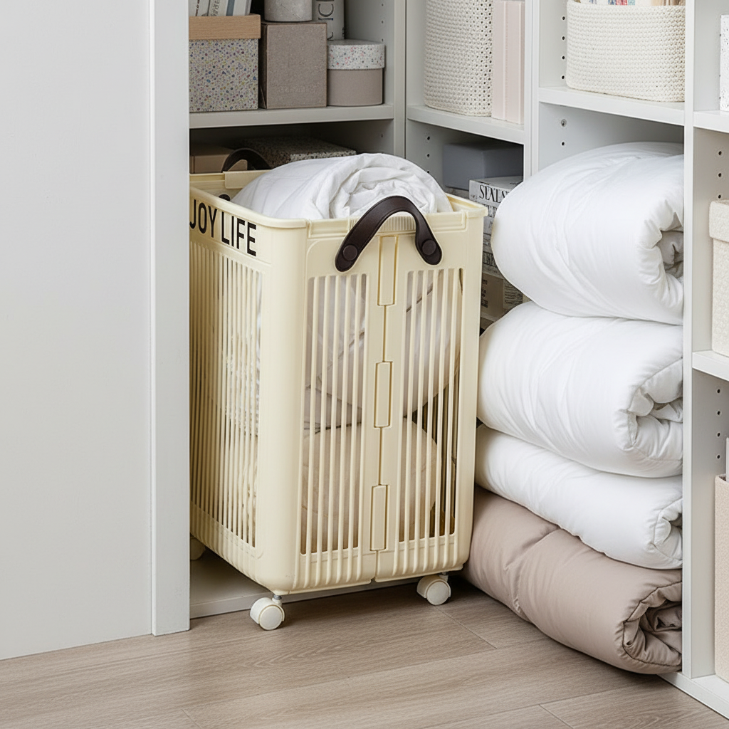 Cream white foldable rolling laundry basket with leather handles stored inside a closet, filled with a white comforter