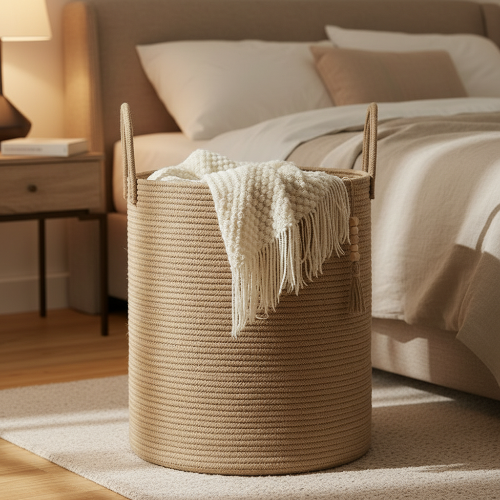 Large khaki woven cotton rope storage basket with loop handles and boho tassel accent, holding a white knit throw blanket, placed on a rug beside a bed in a warm, cozy bedroom.
