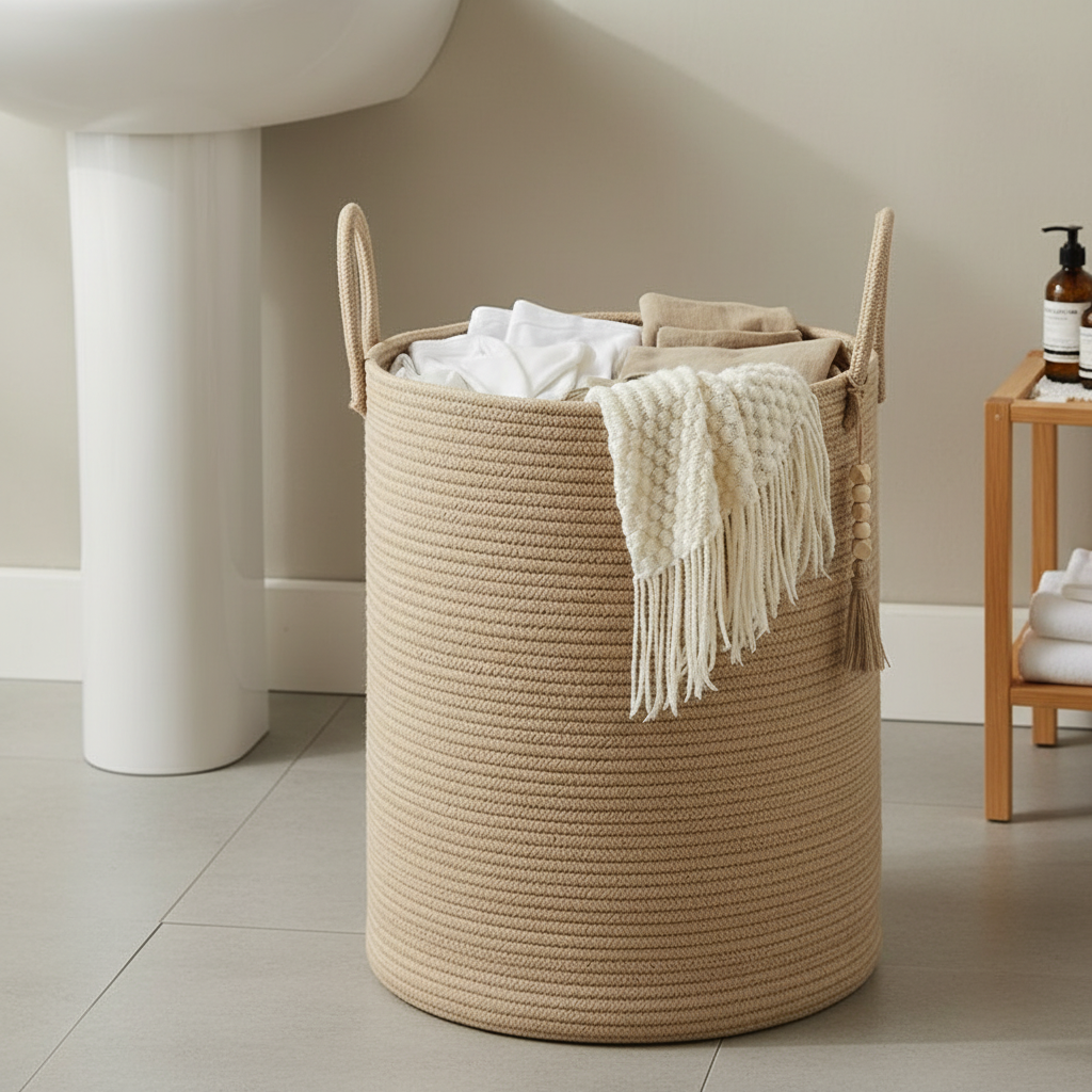 Large khaki woven cotton rope laundry basket with loop handles and boho tassel accent, filled with laundry, styled next to a pedestal sink in a clean, minimal bathroom.
