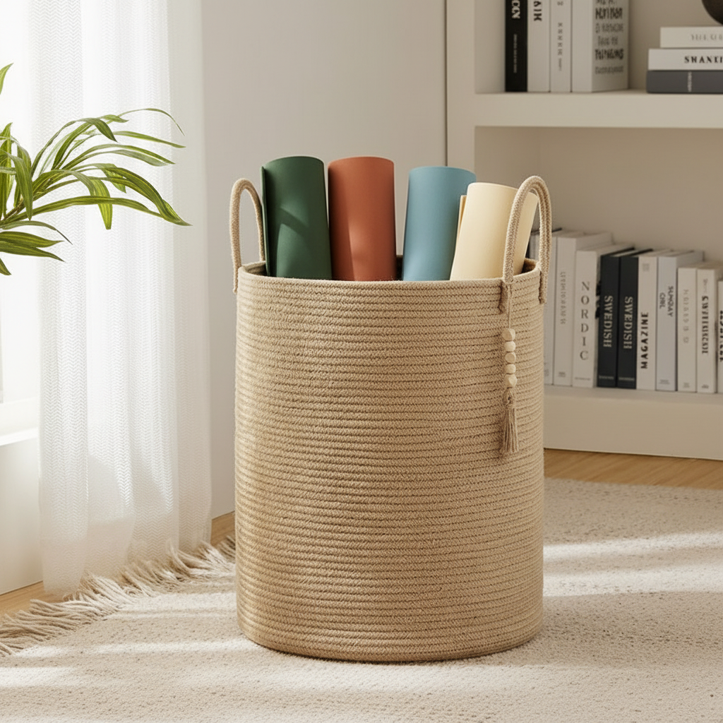 Large khaki woven cotton rope storage basket with loop handles and boho tassel accent, storing rolled yoga mats in a bright living room beside a bookshelf and indoor plant.