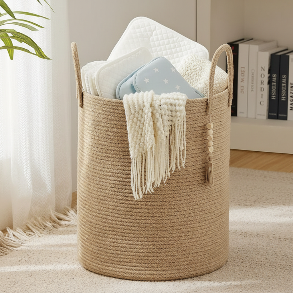 Large khaki woven cotton rope storage basket with loop handles and boho tassel accent, filled with blankets and pillows, placed on a rug in a bright living room beside a bookshelf.