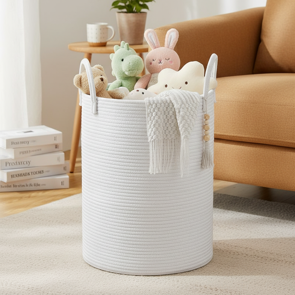 Large white woven cotton rope toy storage basket with loop handles and boho tassel accent, filled with stuffed animals, placed on a rug next to a sofa in a cozy living room.