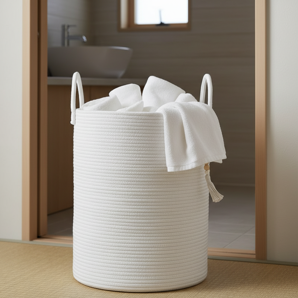 Large white woven cotton rope laundry basket with loop handles and boho tassel accent, filled with white towels, placed at a bathroom doorway in a clean, modern bathroom.