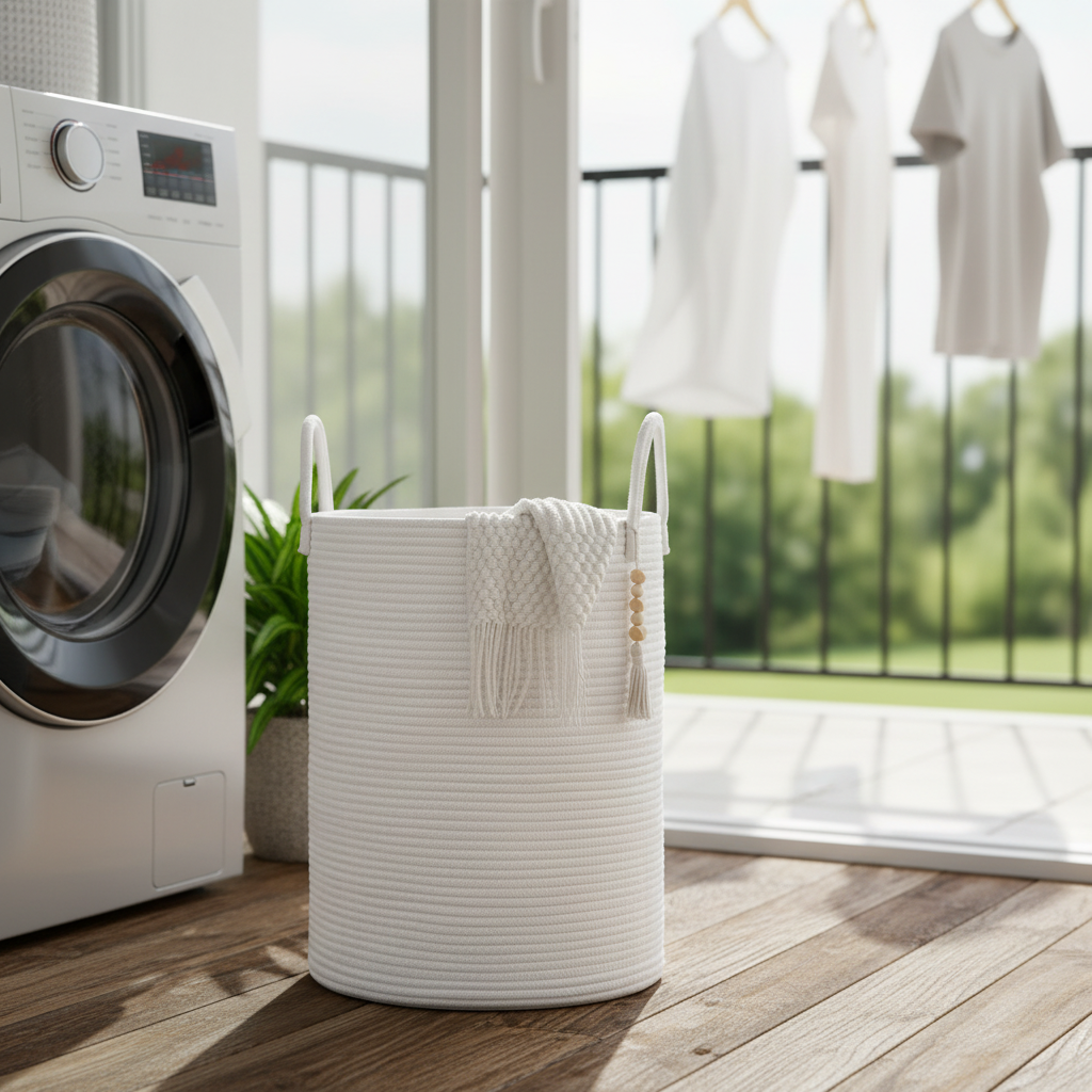 Large white woven cotton rope laundry hamper with loop handles and boho tassel accent, placed on a wood floor beside a washing machine with clothes hanging to dry on a balcony.