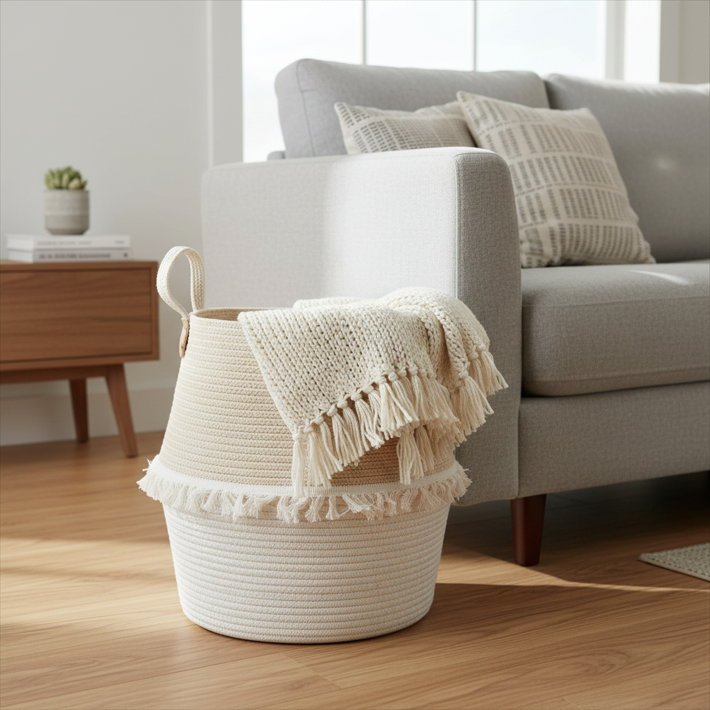 White cotton rope woven storage basket with fringe trim and rope handles, holding a cream knit tassel throw blanket, placed on light wood flooring beside a gray upholstered sofa with geometric patterned pillows.