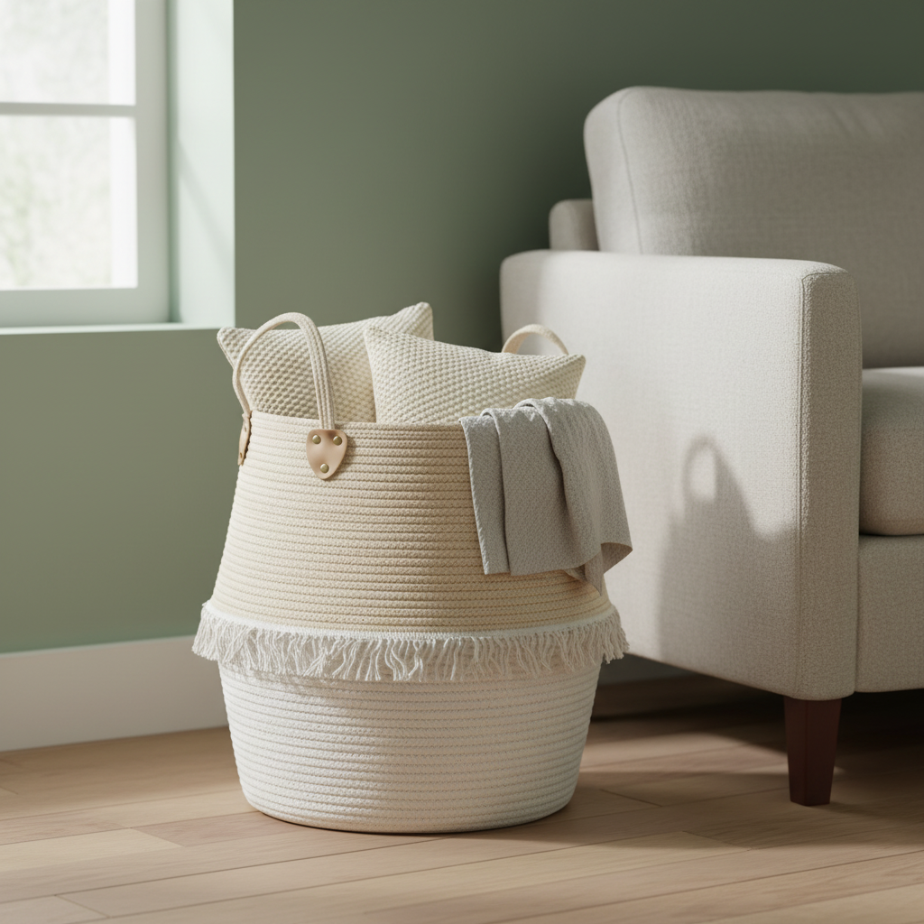 White cotton rope woven storage basket with fringe trim and leather handles, holding a cream knit pillow and a draped gray blanket, placed on light wood flooring against an olive green wall beside a cream upholstered armchair, creating a cozy and natural aesthetic.