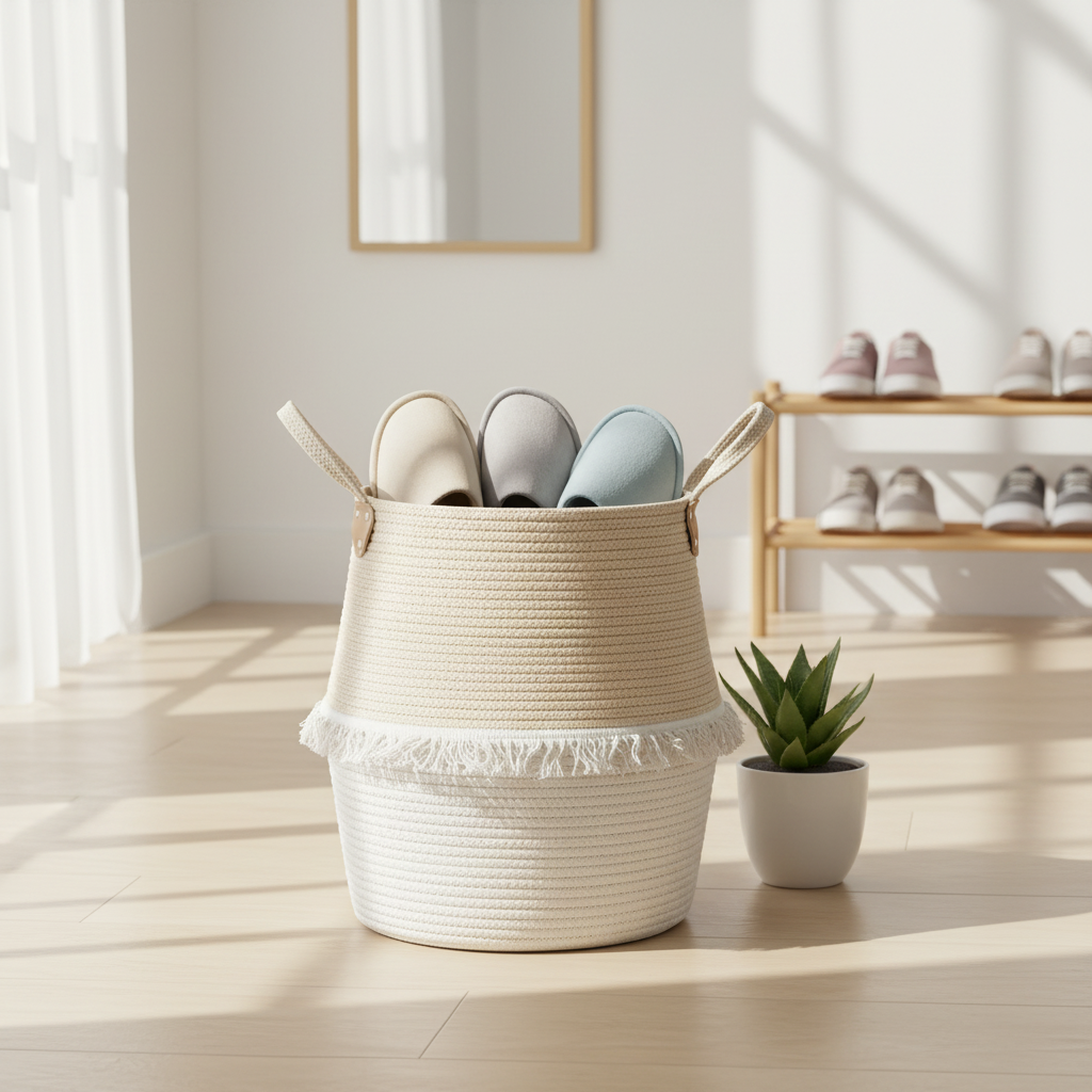 White cotton rope woven storage basket with fringe trim and leather handles, holding cream and light blue slippers, placed on light wood flooring in a bright entryway beside a small potted succulent.