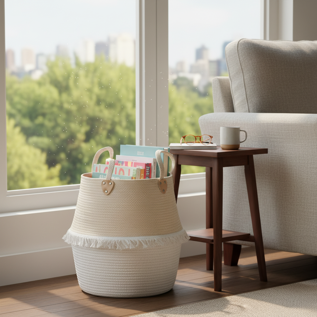 White cotton rope woven storage basket with fringe trim and leather handles, filled with colorful books, placed by a bright window beside a dark walnut side table holding glasses, a book, and a white mug, with a gray linen sofa and city greenery in the background.