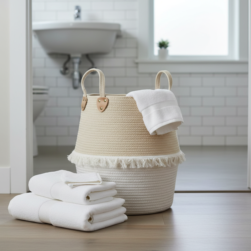 White cotton rope woven storage basket with fringe trim and leather handles, holding a white towel draped over the edge, placed on bathroom wood flooring beside neatly folded white bath towels, with a white subway tile wall, vintage wall-mounted sink, and a small potted plant by the window in the background.