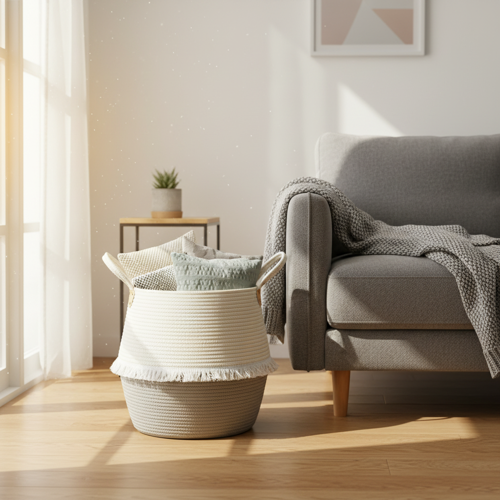 Two-tone white and gray cotton rope woven storage basket with fringe trim and rope handles, holding a light blue geometric patterned pillow and a knit blanket, placed on light wood flooring in a sunny living room beside a gray upholstered sofa draped with a gray knit throw, with sheer white curtains, a metal side table, and a potted plant in the background.