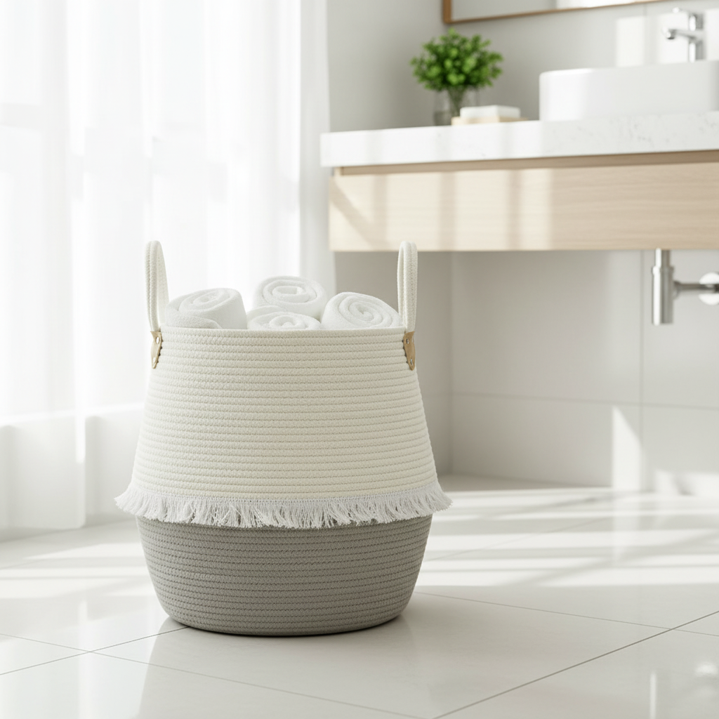 Two-tone white and gray cotton rope woven storage basket with fringe trim and rope handles, filled with neatly rolled white towels, placed on white tile flooring in a modern bathroom, with a floating wood vanity, round vessel sink, and potted green plant by the window in the background.