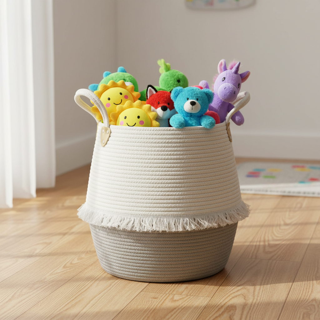 Two-tone white and gray cotton rope woven storage basket with fringe trim and leather handles, overflowing with colorful plush toys including a sun, dinosaur, fox, blue teddy bear, and purple unicorn, placed on light wood flooring in a children's room with a white wall and colorful alphabet play mat in the background.