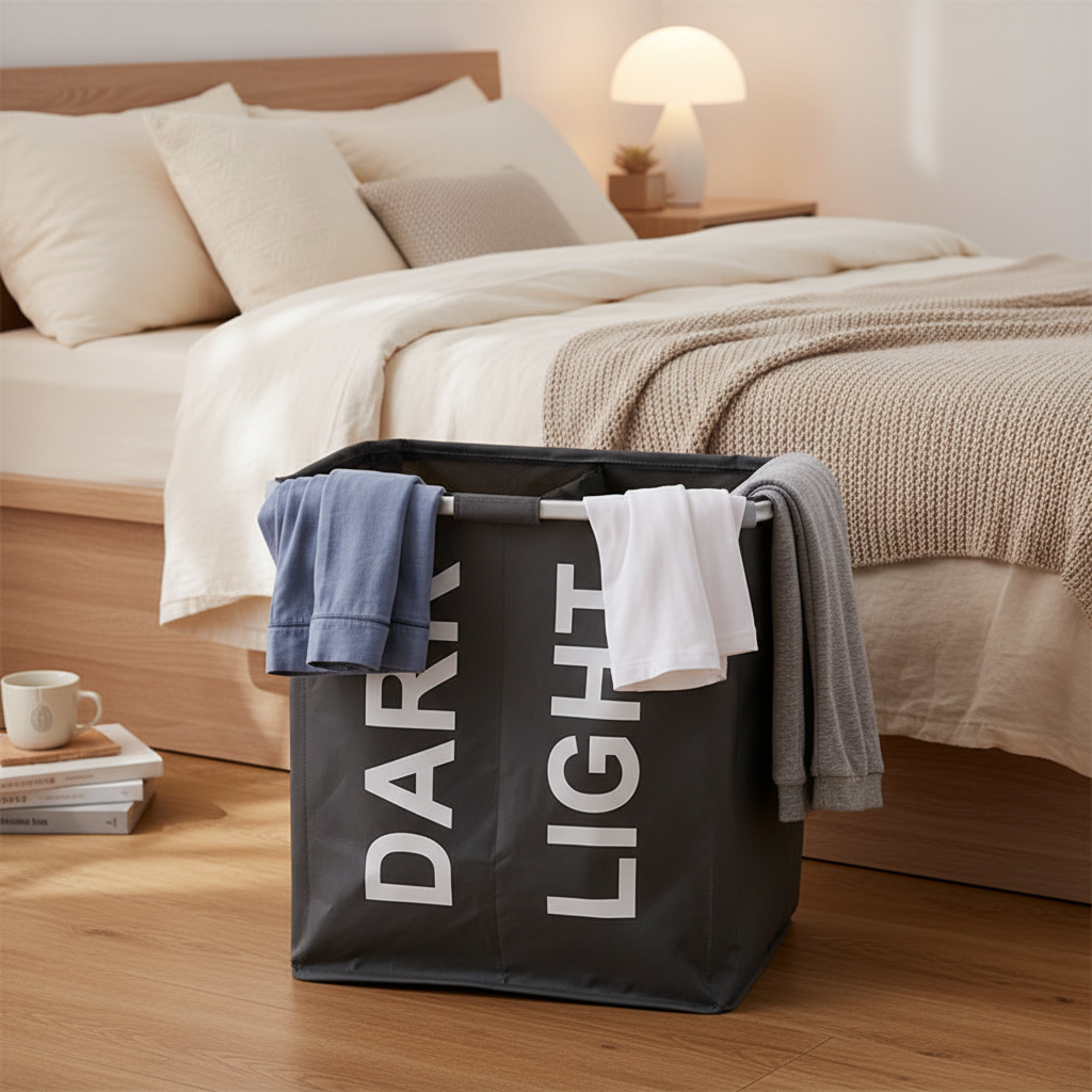 Black Oxford fabric dual-compartment laundry hamper with white "DARK" and "LIGHT" labels and aluminum frame, with a blue shirt draped on the left side and a white towel on the right, placed on light wood flooring in a bedroom, with a beige bed, knit throw blanket, wooden nightstand, and mushroom-shaped table lamp in the background.