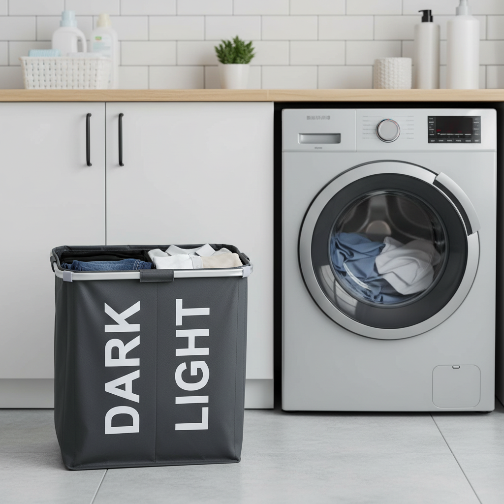 Dark gray Oxford fabric dual-compartment laundry hamper with white "DARK" and "LIGHT" labels and aluminum frame, with jeans in the dark side and white clothing in the light side, placed on white tile flooring in a laundry room beside a front-load washing machine, with white subway tile walls, wood-topped cabinets, and laundry supplies on the shelves in the background.