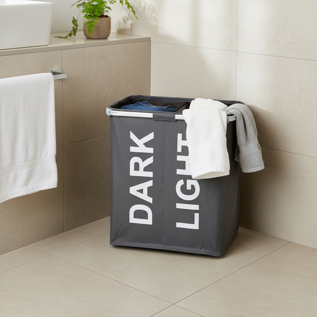 Dark gray Oxford fabric dual-compartment laundry hamper with white "DARK" and "LIGHT" labels and aluminum frame, with jeans in the dark compartment and white and gray towels draped over the right side, placed in the corner of a bathroom with beige tile flooring, a wall-mounted towel bar with a white towel on the left, a floating vanity, and potted green plants in the background.