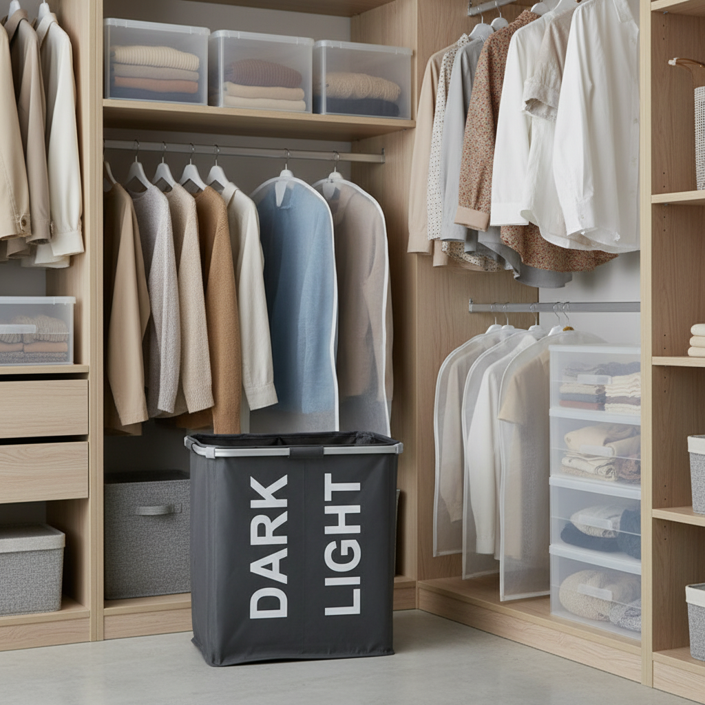 Dark gray Oxford fabric dual-compartment laundry hamper with white "DARK" and "LIGHT" labels and aluminum frame, placed on light wood flooring in a spacious walk-in closet surrounded by light oak open wardrobes filled with neutral-toned shirts and jackets, clear storage boxes, fabric bins, and garment bags, creating a clean and organized wardrobe setting.